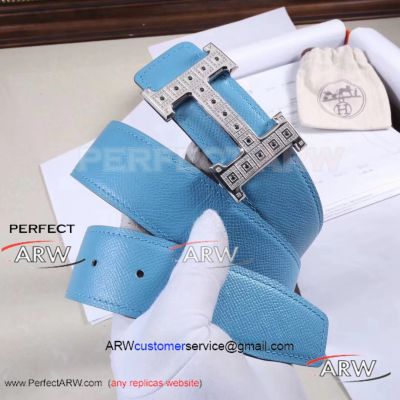 Perfect Replica AAA Hermes Blue Leather Belt With Diamonds Stainless Steel Buckle